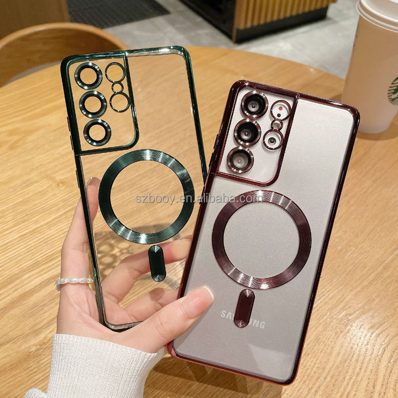 Luxury Electroplated TPU Soft Phone Cover for Samsung S21 S21+ S21U S22 S22+ S22U Strong Magnetic Wireless Charging Phone Case