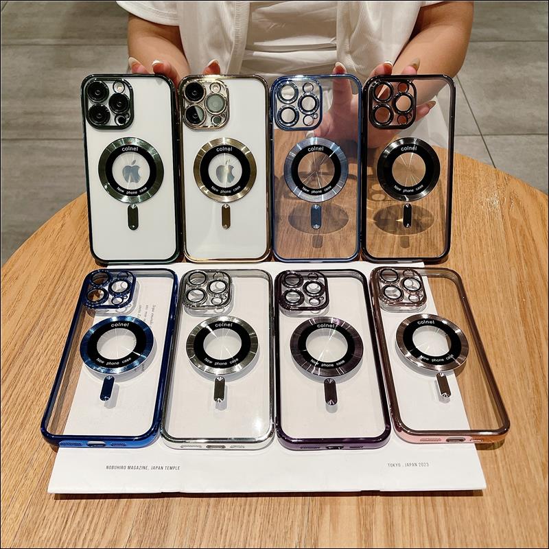 Clear Soft TPU Magnetic Mobile Phone Cases for iPhone 14 15 Pro Max 11 12 13 Pro Max 14 15 Plus Plating case with Cam Lens Glass