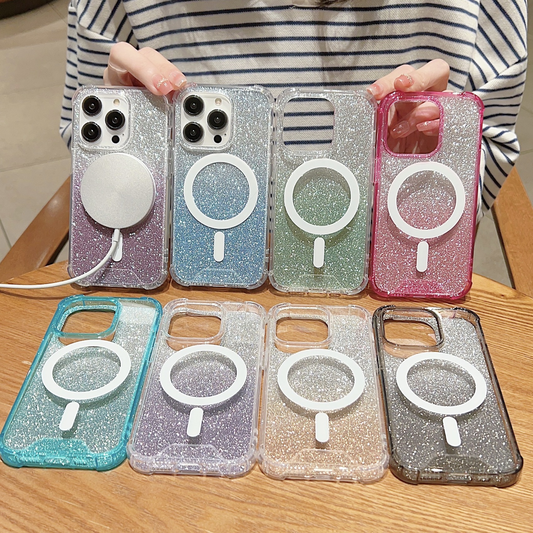 Shockproof Gradient Glitter Mobile Phone Cases for iPhone 11 12 13 14 15 Pro Max 14 Pro 15 Plus with Magnetic Charging case
