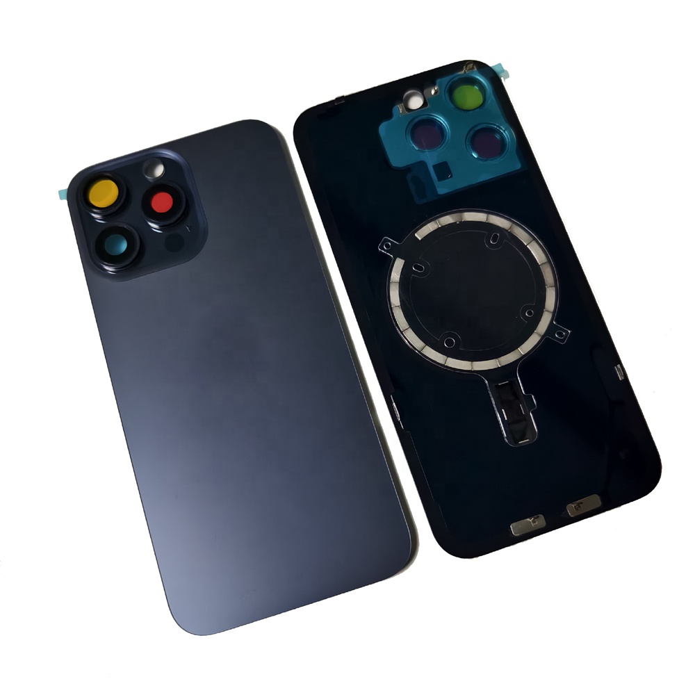 Back Glass Rear Battery Cover For iPhone 15 pro 15pro max with camera lens glass Metal Plate and Magnets Ring Housing Repair