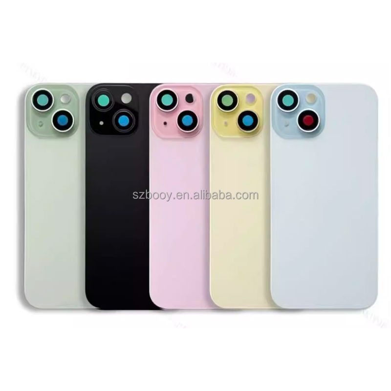 Back Glass Rear Battery Cover for iPhone 15 15Plus with Camera Lens Glass Metal Plate and Magnets Ring Housing Repair