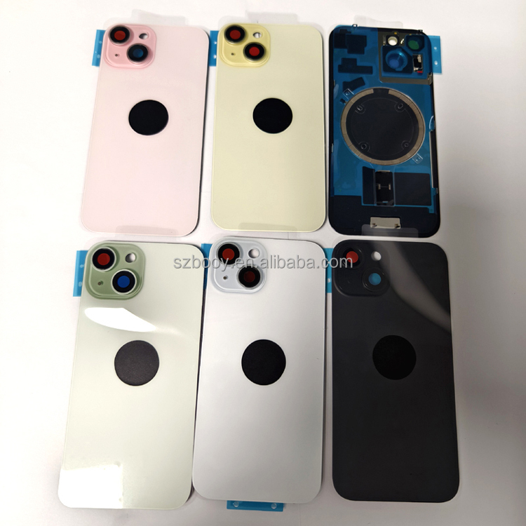 Back Glass Rear Battery Cove for iPhone 15 15 Plus with Camera Lens Glass Metal Plate and Magnets Ring Housing Repair