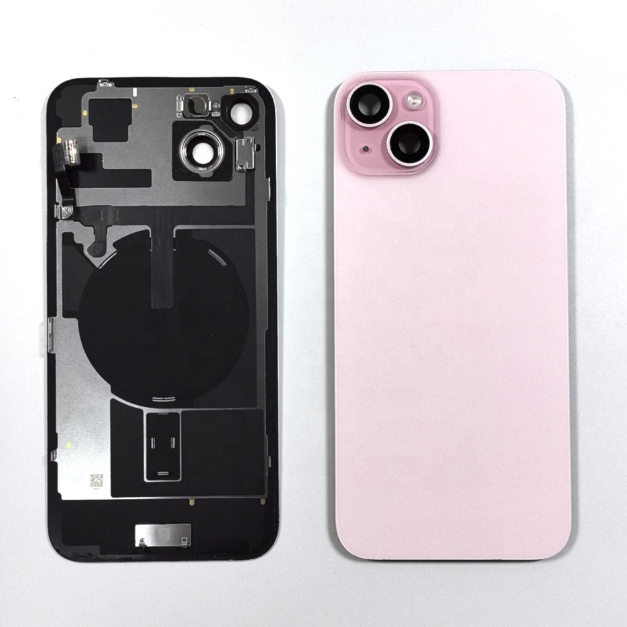 Back Glass With Metal Frame, Camera Lens Glass and Wireless NFC Wireless Charging Magnet Back Case Cover for iPhone 15 15 Plus