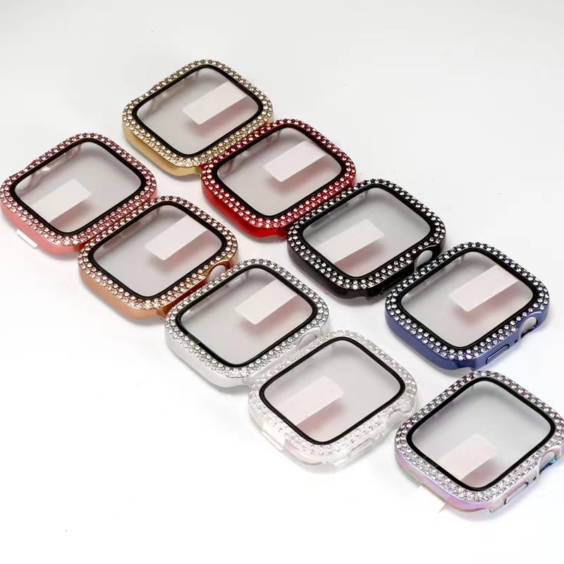 Double Row Diamond Watch Cover with Glass Screen Protector for Apple Watch 38mm 40mm 41mm 42mm 44mm 45mm 49mm Watch Cover Case