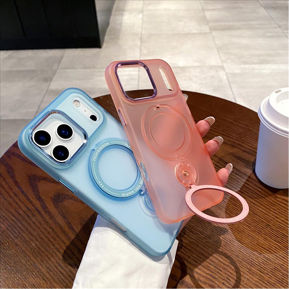 Fashion Frosted Magnetic Wireless Charging Phone Case for iPhone 17 16 15 14 13 12 Pro Max with Rotate Holder Stand Rear Cover