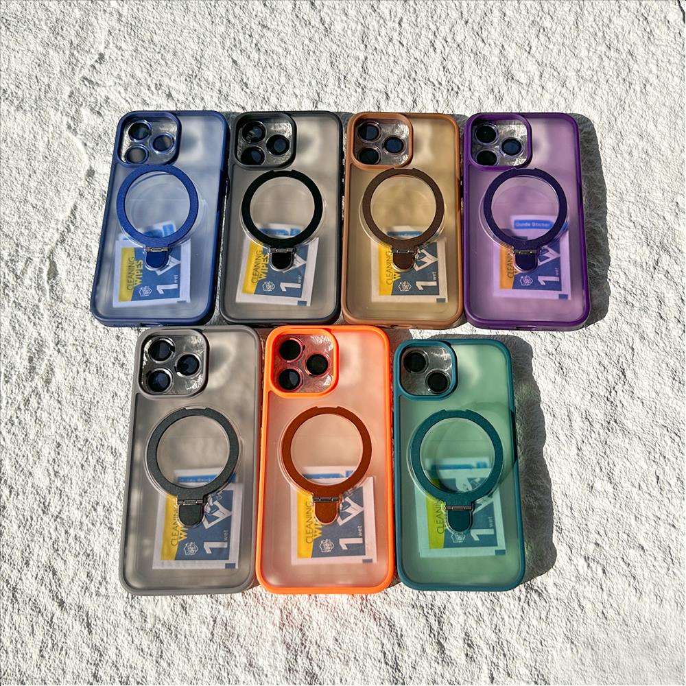 Stand Ring Holder Cover Matte Acrylic Phone Case for iPhone 15 14 13 12 11 16 Pro Max Magnetic case with Camera protector