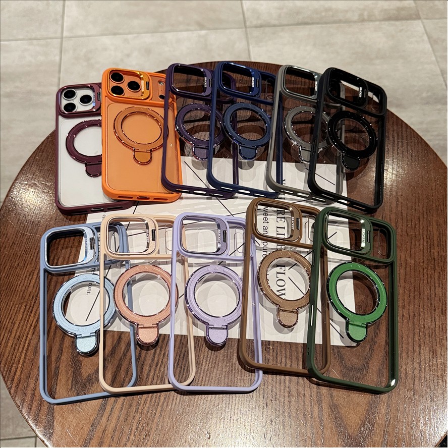U7 Magnetic with Ring Kickstand Lens Protector Plain Design Wireless Charging Phone case for iPhone 11 12 13 14 15 16 17 18 Pro Max