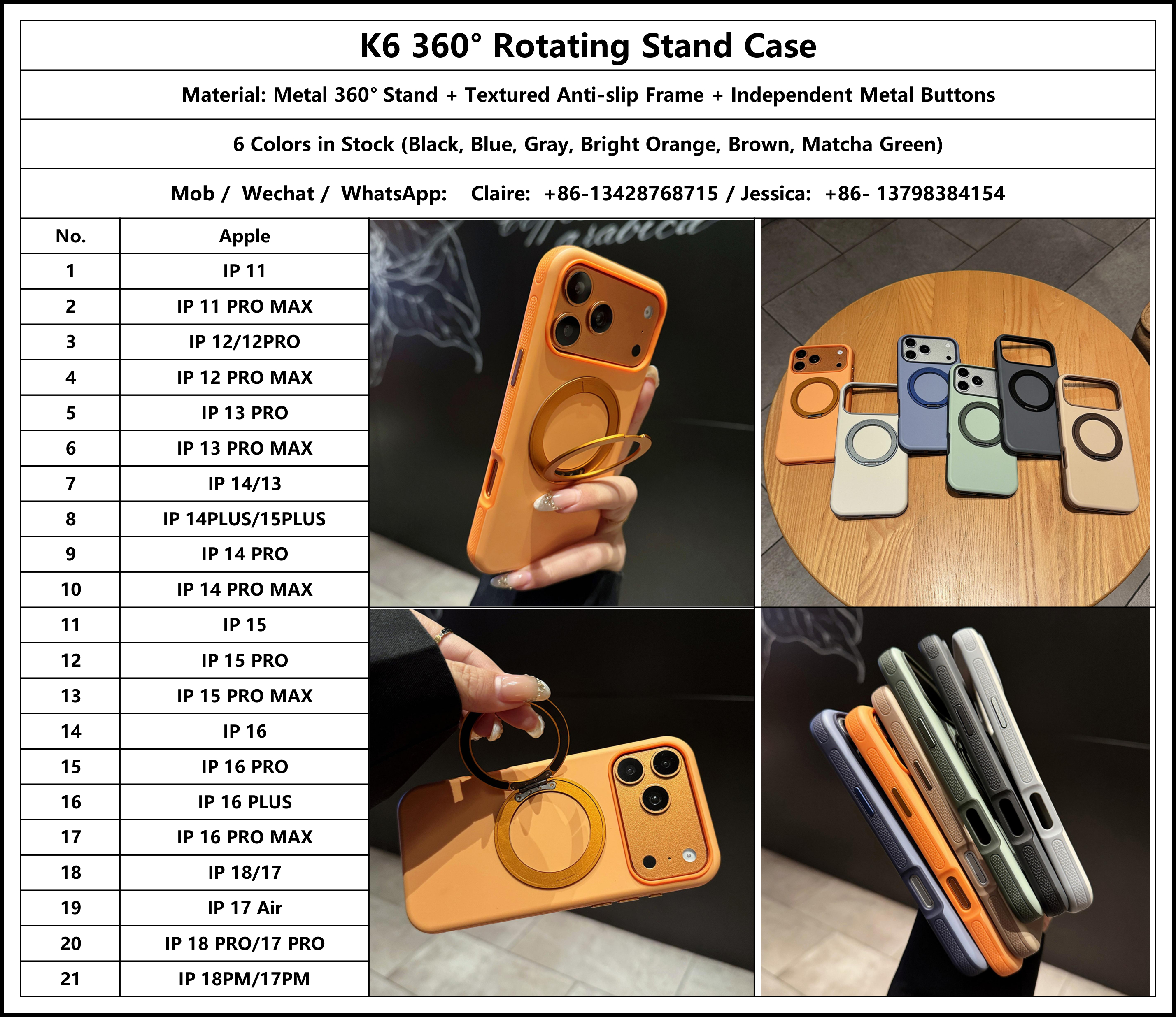 K6 Shockproof Phone Case for iPhone 18 Pro/ 17/16/15/14/13 Pro Max Military-Grade Drop Protection with Magnetic Stand Holder