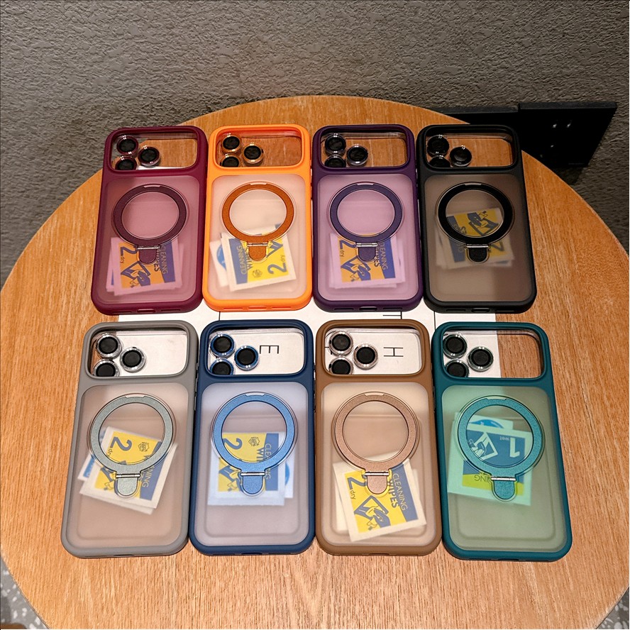 R2 Matte Frosted Magnetic Holder Mobile Phone case for iPhone 18 17 16 15 14 Pro Max Translucence Back Stand Lens Protection Cover