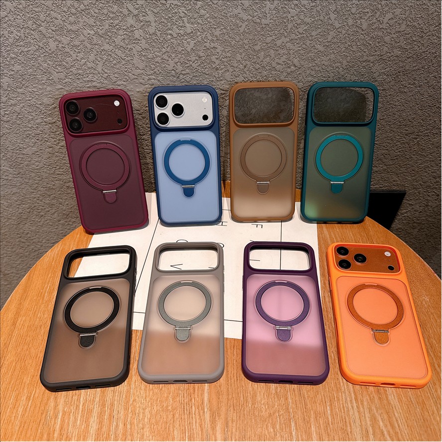 R2 Matte Frosted Magnetic Holder Mobile Phone case for iPhone 18 17 16 15 14 Pro Max Translucence Back Stand Lens Protection Cover