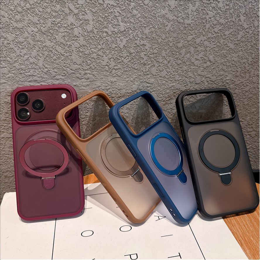 R2 Matte Frosted Magnetic Holder Mobile Phone case for iPhone 18 17 16 15 14 Pro Max Translucence Back Stand Lens Protection Cover