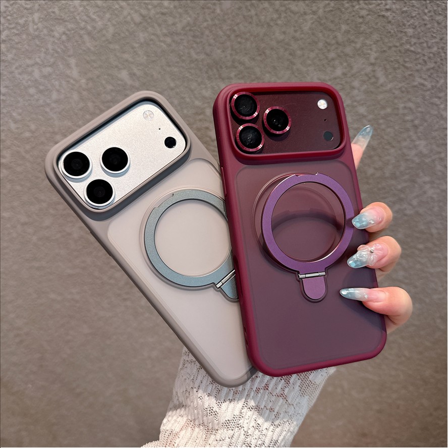 R2 Matte Frosted Magnetic Holder Mobile Phone case for iPhone 18 17 16 15 14 Pro Max Translucence Back Stand Lens Protection Cover