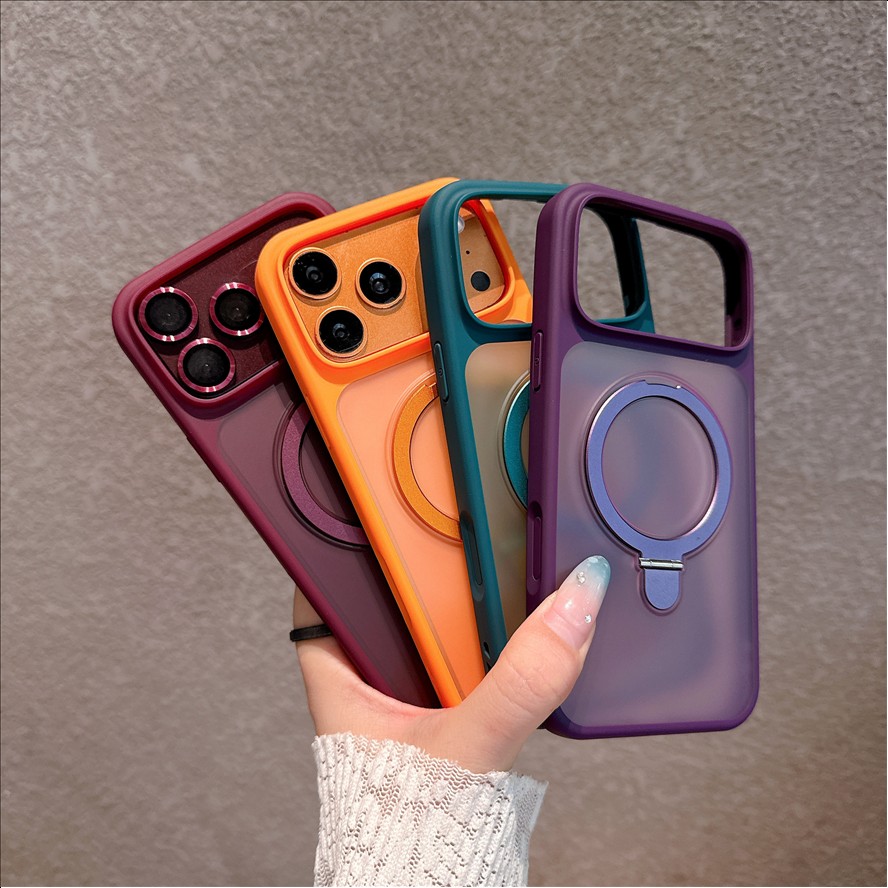 R2 Matte Frosted Magnetic Holder Mobile Phone case for iPhone 18 17 16 15 14 Pro Max Translucence Back Stand Lens Protection Cover