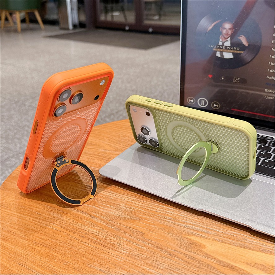 H2 Magnetic Ring Holder Phone Case Honeycomb Breathable TPU Cover Shockproof Anti-Slip Protector for iPhone 17/16/15/14 ProMax
