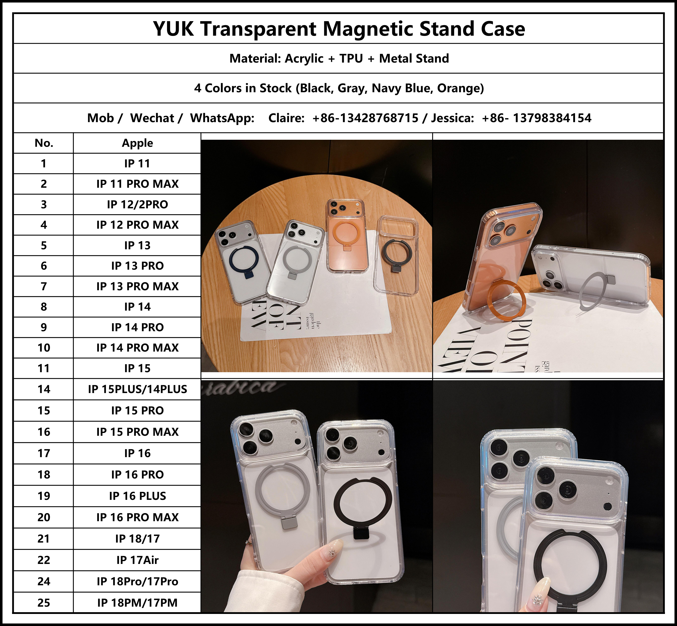 Magnetic Ring Stand Transparent Mobile Phone Case for iPhone 18 Pro Max 17 16 15 14 13 Pro Max