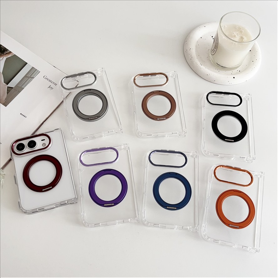 Acrylic Metal Lens Fold Case for iPhone Duo Clear Electroplated Magnetic Ring Kickstand Shockproof PC Case with Wireless Charging