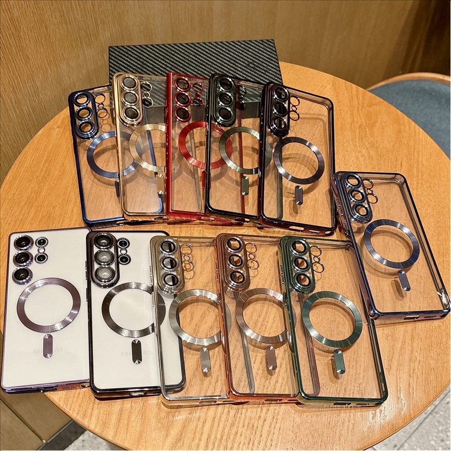 Transparent TPU Cover Electroplated Magnetic Wireless Charge Phone Case For Samsung S21 S22 S23 S24 S25 S26
