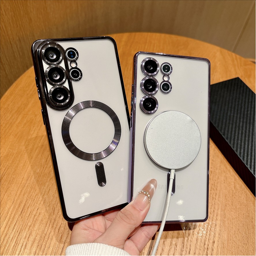 Transparent TPU Cover Electroplated Magnetic Wireless Charge Phone Case For Samsung S21 S22 S23 S24 S25 S26