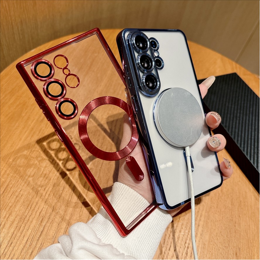 Transparent TPU Cover Electroplated Magnetic Wireless Charge Phone Case For Samsung S21 S22 S23 S24 S25 S26