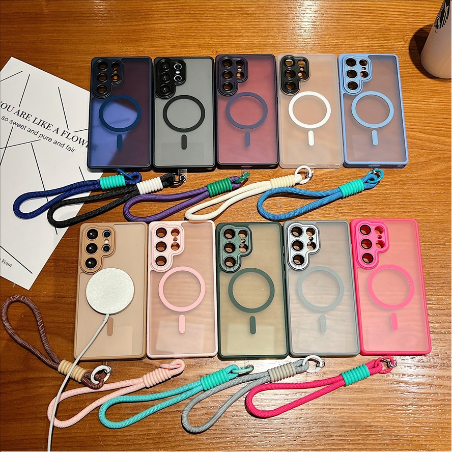 Fashion Frosted Lanyard Magnetic Mobile Phone case for Samsung S26 ultra S25 S24 FE a Series Matte Wrist Band Strap Back Cover