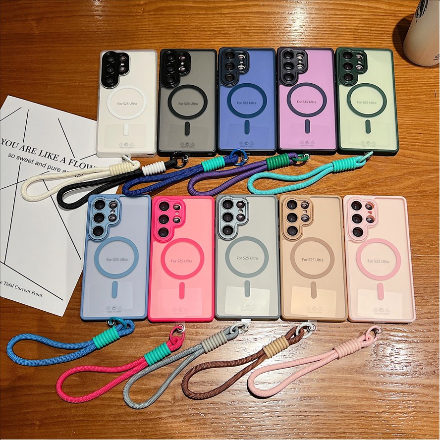 Fashion Frosted Lanyard Magnetic Mobile Phone case for Samsung S26 ultra S25 S24 FE a Series Matte Wrist Band Strap Back Cover
