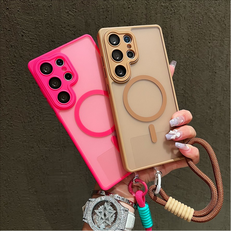 Fashion Frosted Lanyard Magnetic Mobile Phone case for Samsung S26 ultra S25 S24 FE a Series Matte Wrist Band Strap Back Cover