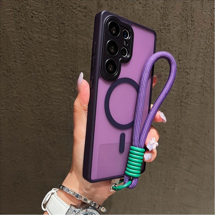 Fashion Frosted Lanyard Magnetic Mobile Phone case for Samsung S26 ultra S25 S24 FE a Series Matte Wrist Band Strap Back Cover