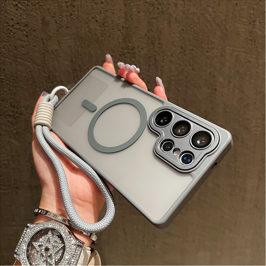 Fashion Frosted Lanyard Magnetic Mobile Phone case for Samsung S26 ultra S25 S24 FE a Series Matte Wrist Band Strap Back Cover