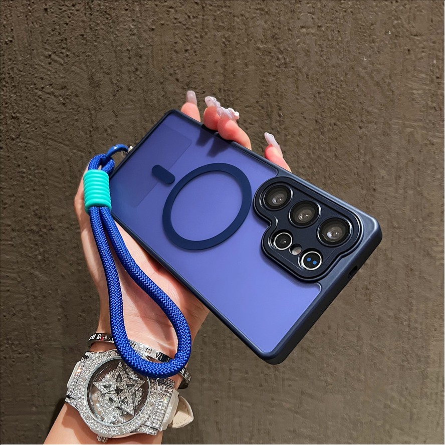 Fashion Frosted Lanyard Magnetic Mobile Phone case for Samsung S26 ultra S25 S24 FE a Series Matte Wrist Band Strap Back Cover