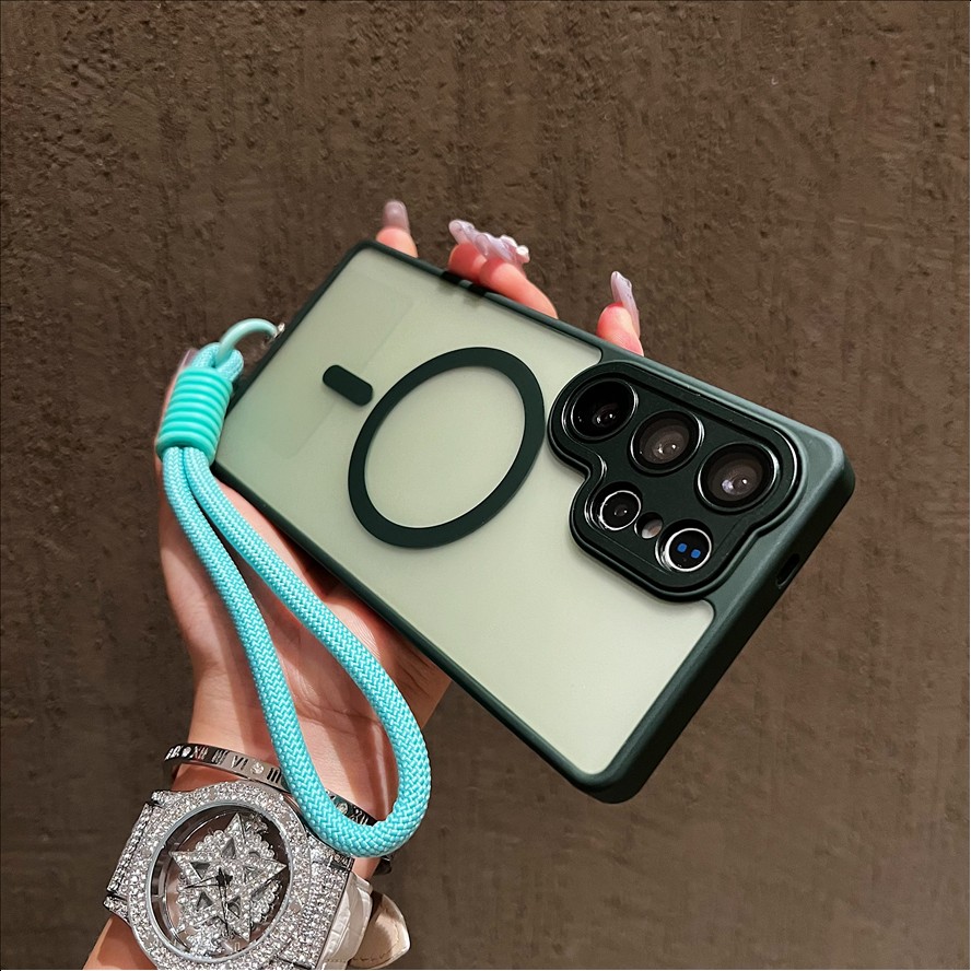 Fashion Frosted Lanyard Magnetic Mobile Phone case for Samsung S26 ultra S25 S24 FE a Series Matte Wrist Band Strap Back Cover