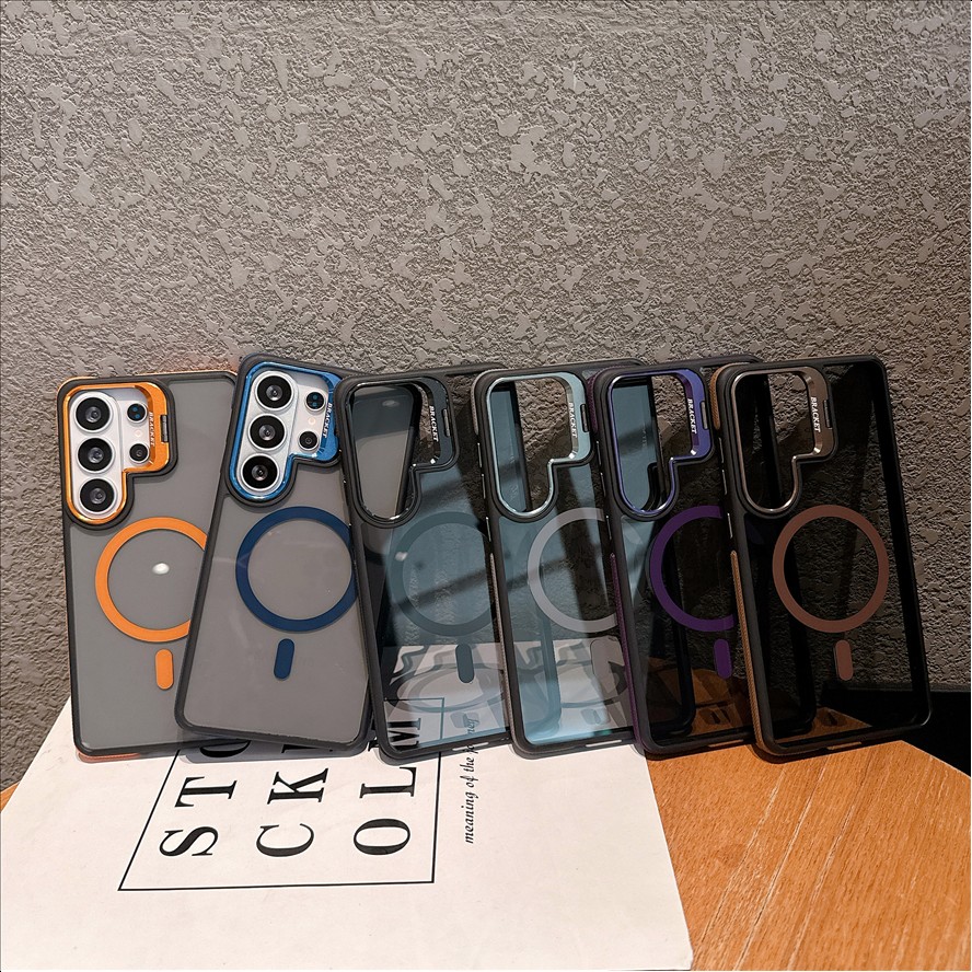 Luxury Lens Holder Bracket Cover Magnetic Anti-Slip Edge Stand Mobile Phone Case for Samsung Galaxy S26 S25 S24 S23 S22 Ultra