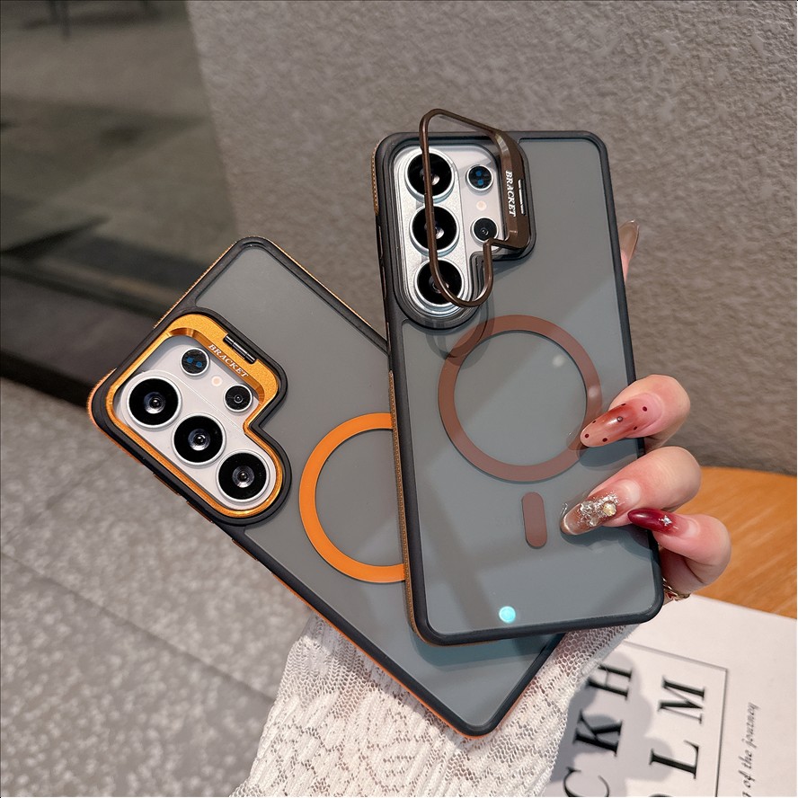 Luxury Lens Holder Bracket Cover Magnetic Anti-Slip Edge Stand Mobile Phone Case for Samsung Galaxy S26 S25 S24 S23 S22 Ultra