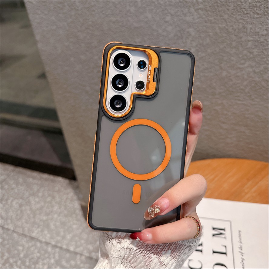 Luxury Lens Holder Bracket Cover Magnetic Anti-Slip Edge Stand Mobile Phone Case for Samsung Galaxy S26 S25 S24 S23 S22 Ultra