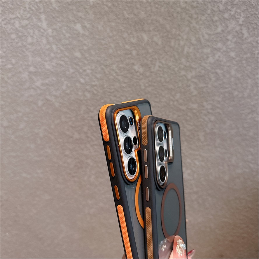 Luxury Lens Holder Bracket Cover Magnetic Anti-Slip Edge Stand Mobile Phone Case for Samsung Galaxy S26 S25 S24 S23 S22 Ultra