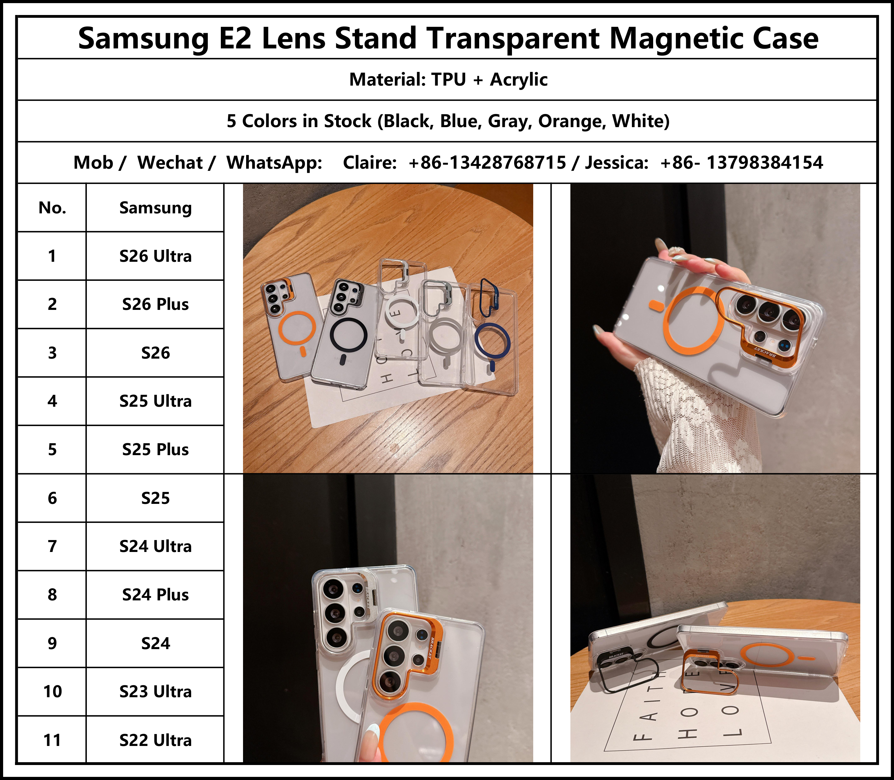 Shockproof Lens Stand Transparent Magnetic Mobile Phone Case for Samsung Galaxy S26 S25 S24 S23 S22 Ultra