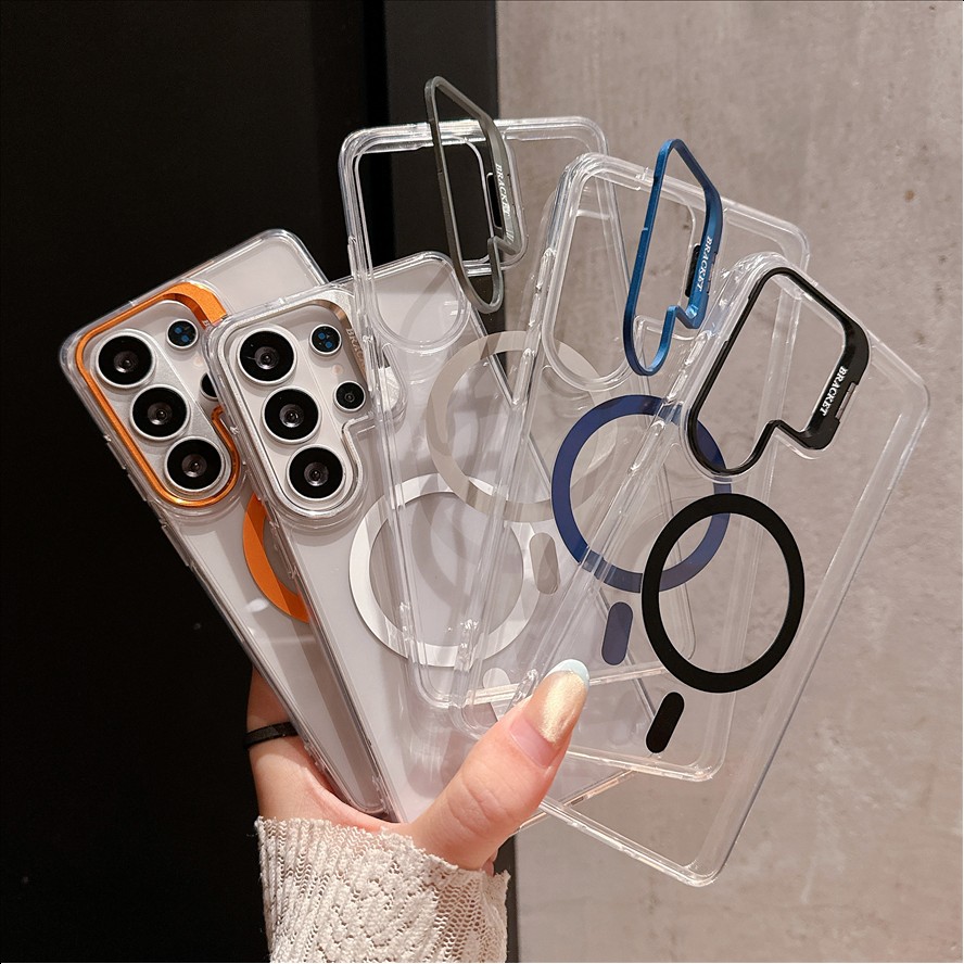 Shockproof Lens Stand Transparent Magnetic Mobile Phone Case for Samsung Galaxy S26 S25 S24 S23 S22 Ultra