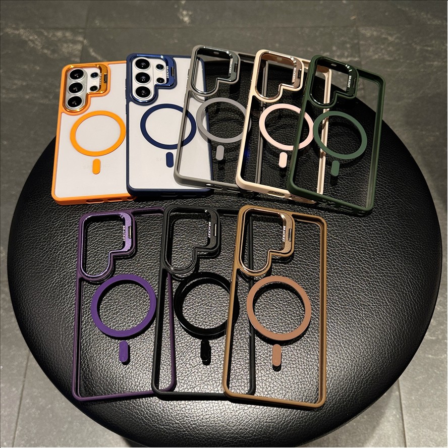 Transparent Acrylic Magnetic Phone case for Samsung S26 S25 Ultra S24 Plus With Metal Camera Holder Stand Back Cover