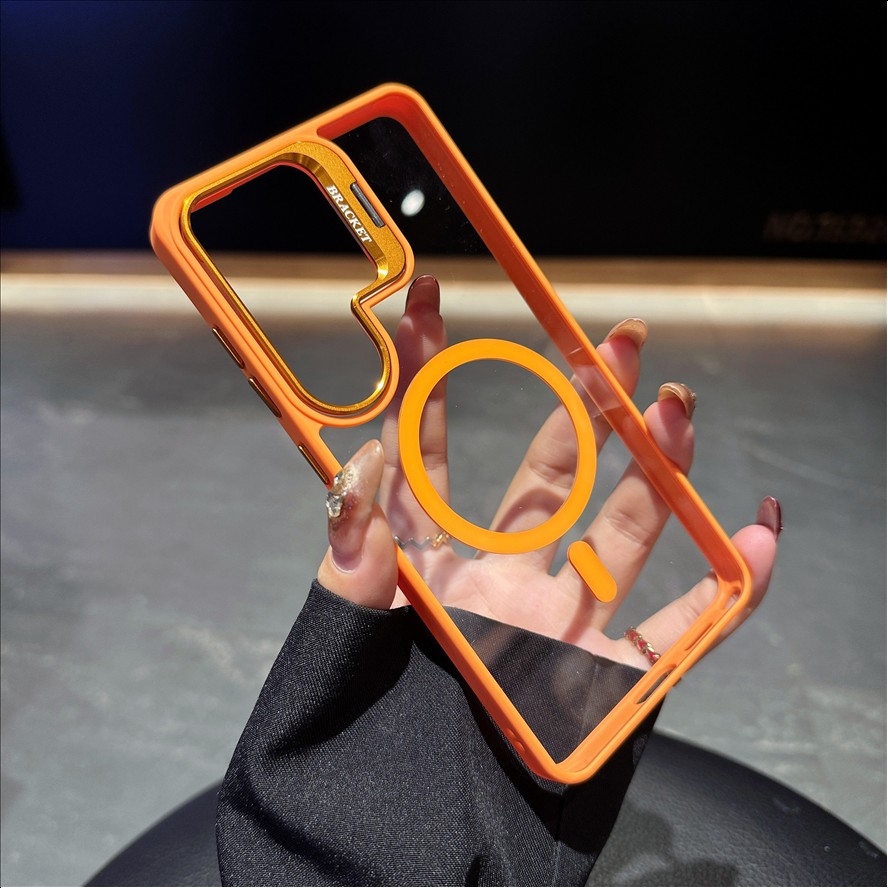 Transparent Acrylic Magnetic Phone case for Samsung S26 S25 Ultra S24 Plus With Metal Camera Holder Stand Back Cover