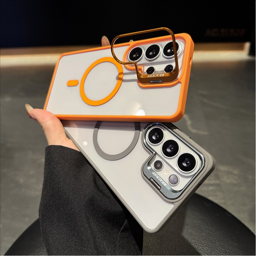 Transparent Acrylic Magnetic Phone case for Samsung S26 S25 Ultra S24 Plus With Metal Camera Holder Stand Back Cover